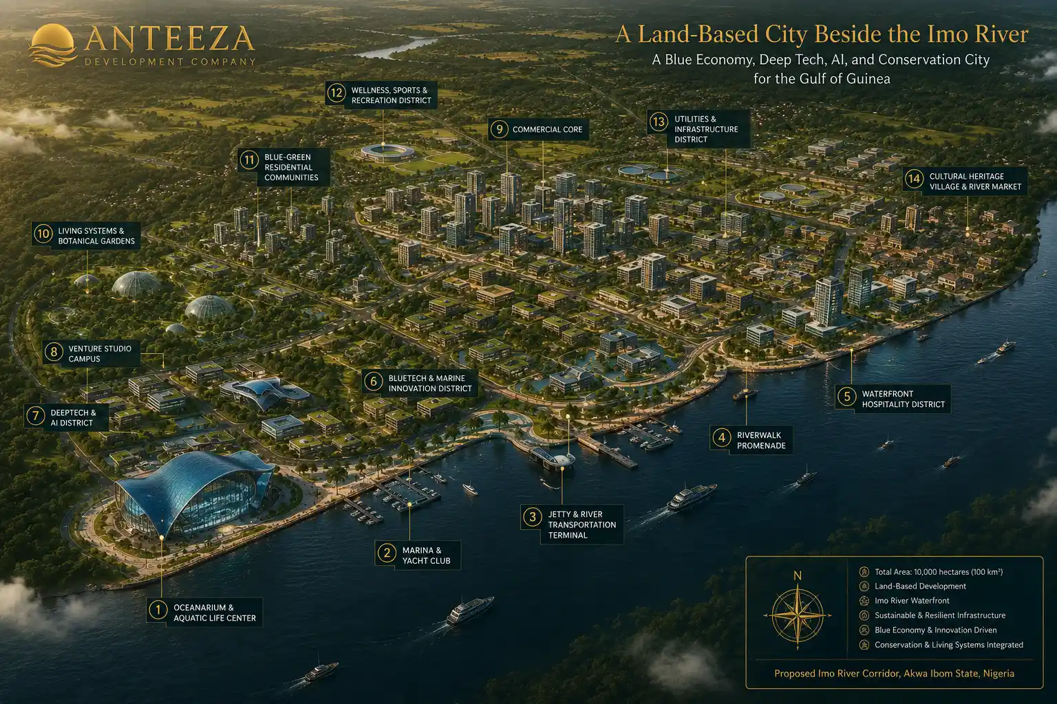 Conceptual masterplan of Anteeza as a continuous land-based city beside the Imo River, with riverfront districts and green inland communities