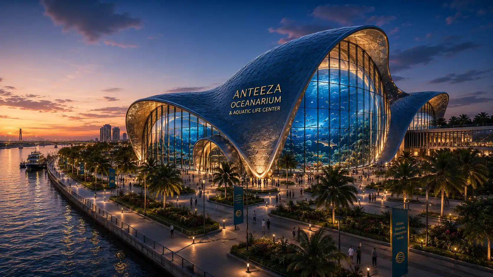 Exterior of the Anteeza Oceanarium and Aquatic Life Center on the waterfront at dusk