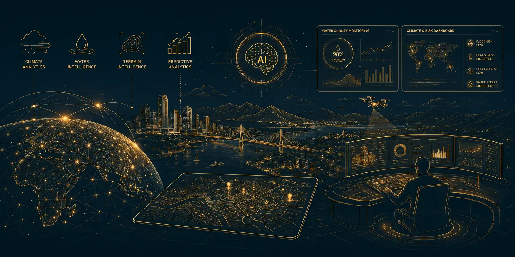 Gold line-art illustration representing the intelligence platform