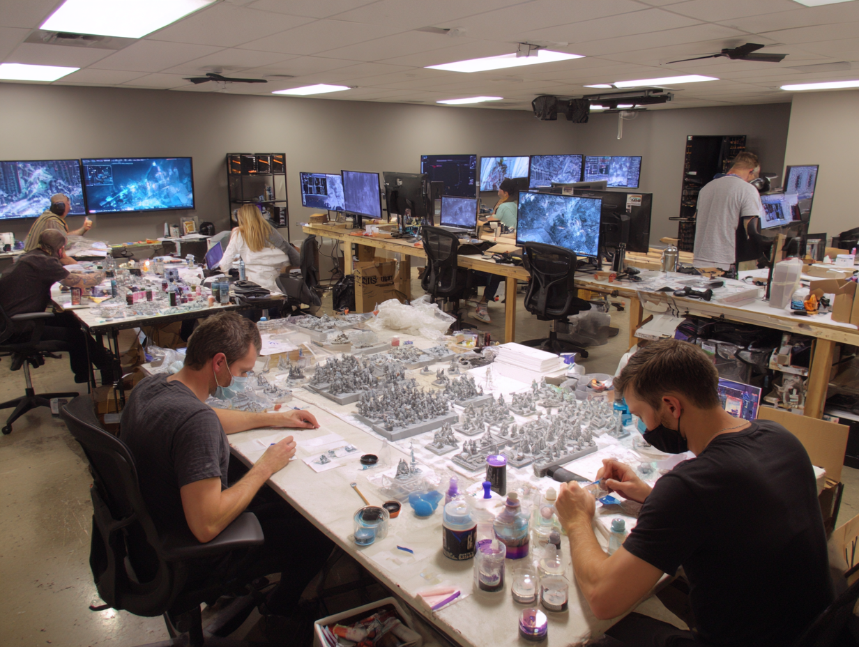 People working on miniature models in a workshop