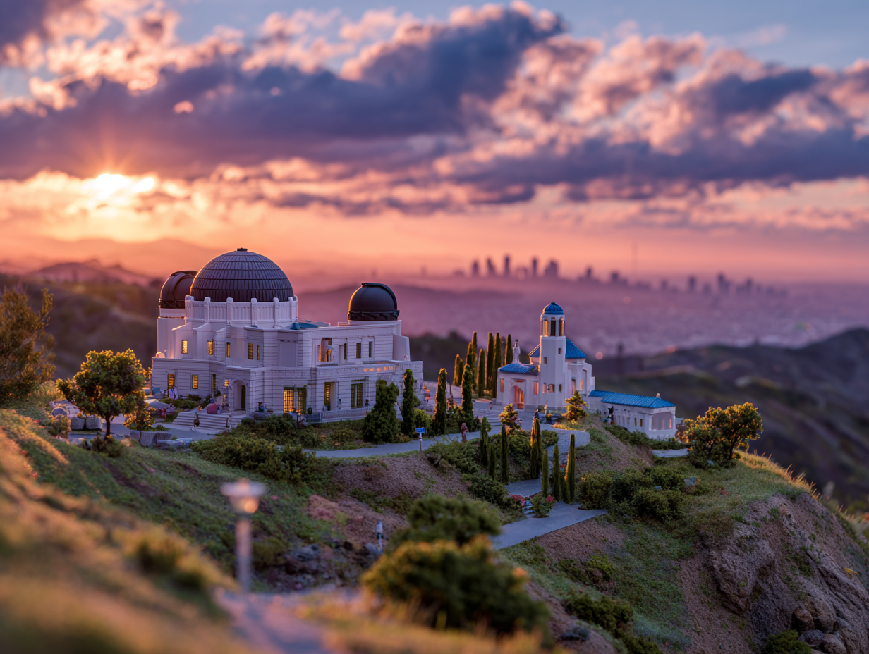 View of a miniature city at sunset