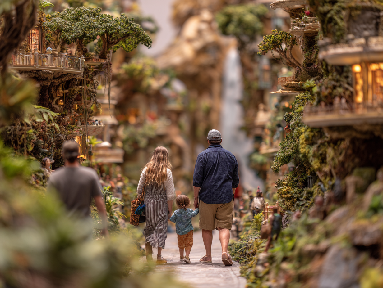 A family walking through an immersive miniature world